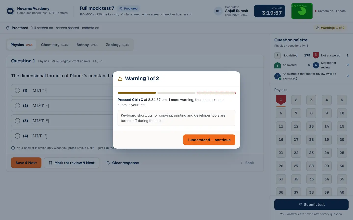 The NTA-style online exam screen, with a tab-switch warning (demo app, sample data).