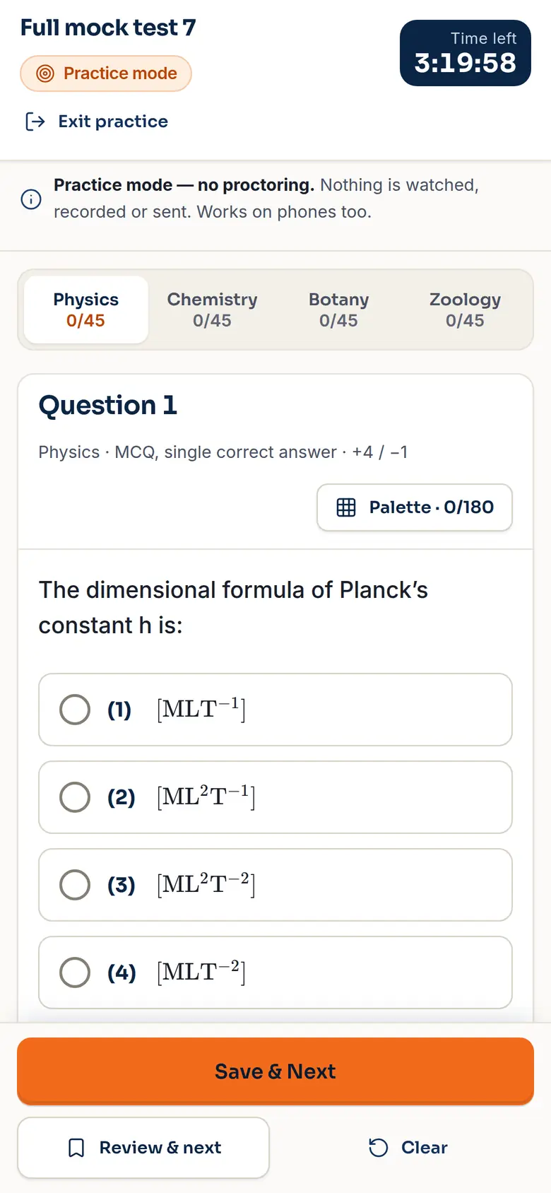 A student taking an online test on the NTA-style exam screen (sample data).
