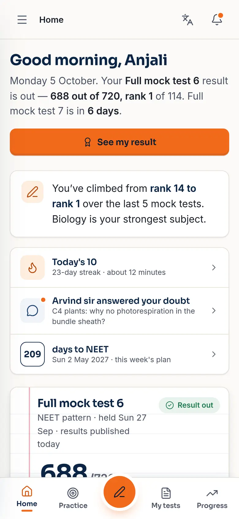 A student's home screen: latest result 688 out of 720, rank 1 (sample data).